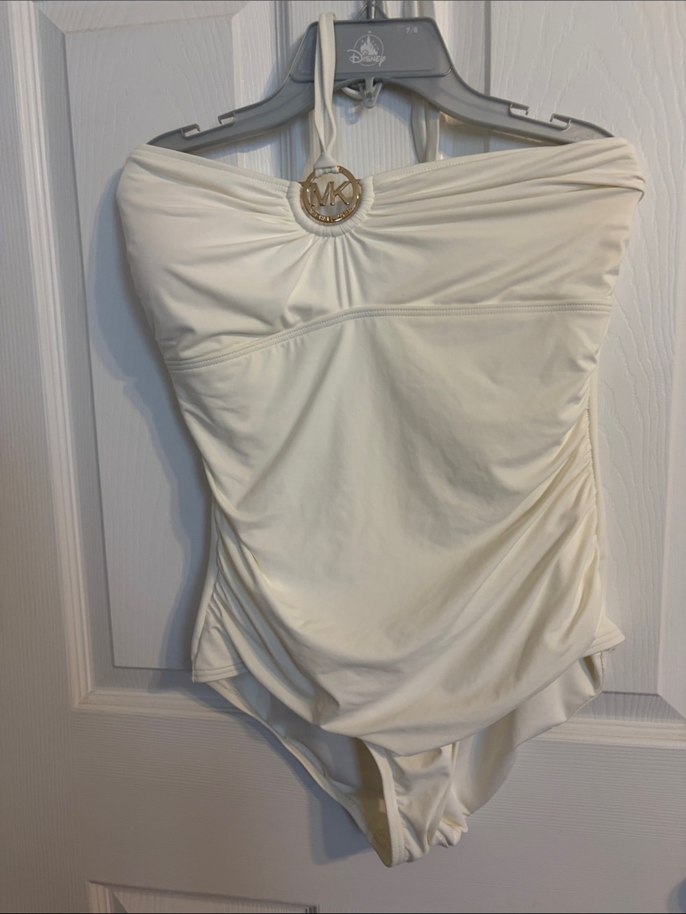 Michael Kors Cream Strapless Swimsuit with Gold MK Logo